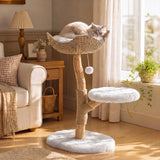 A beige cat sleeps in a wicker basket atop a 35" tall solid wood cat tree with rope-wrapped branches and white faux fur platforms
