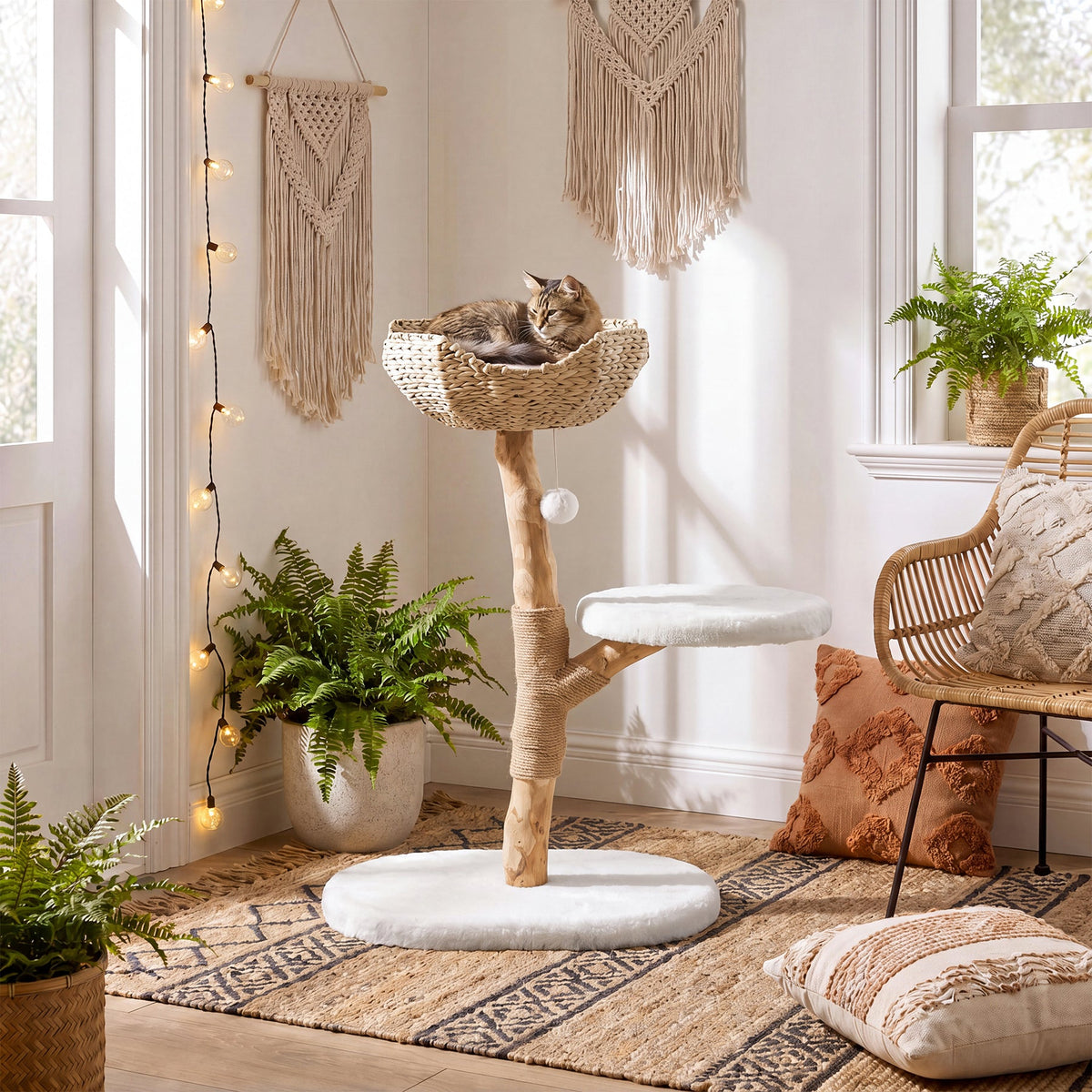 A cat rests in a wicker basket atop a 35" tall solid wood cat tree with a branch design, in a sunlit room with plants and macrame decor