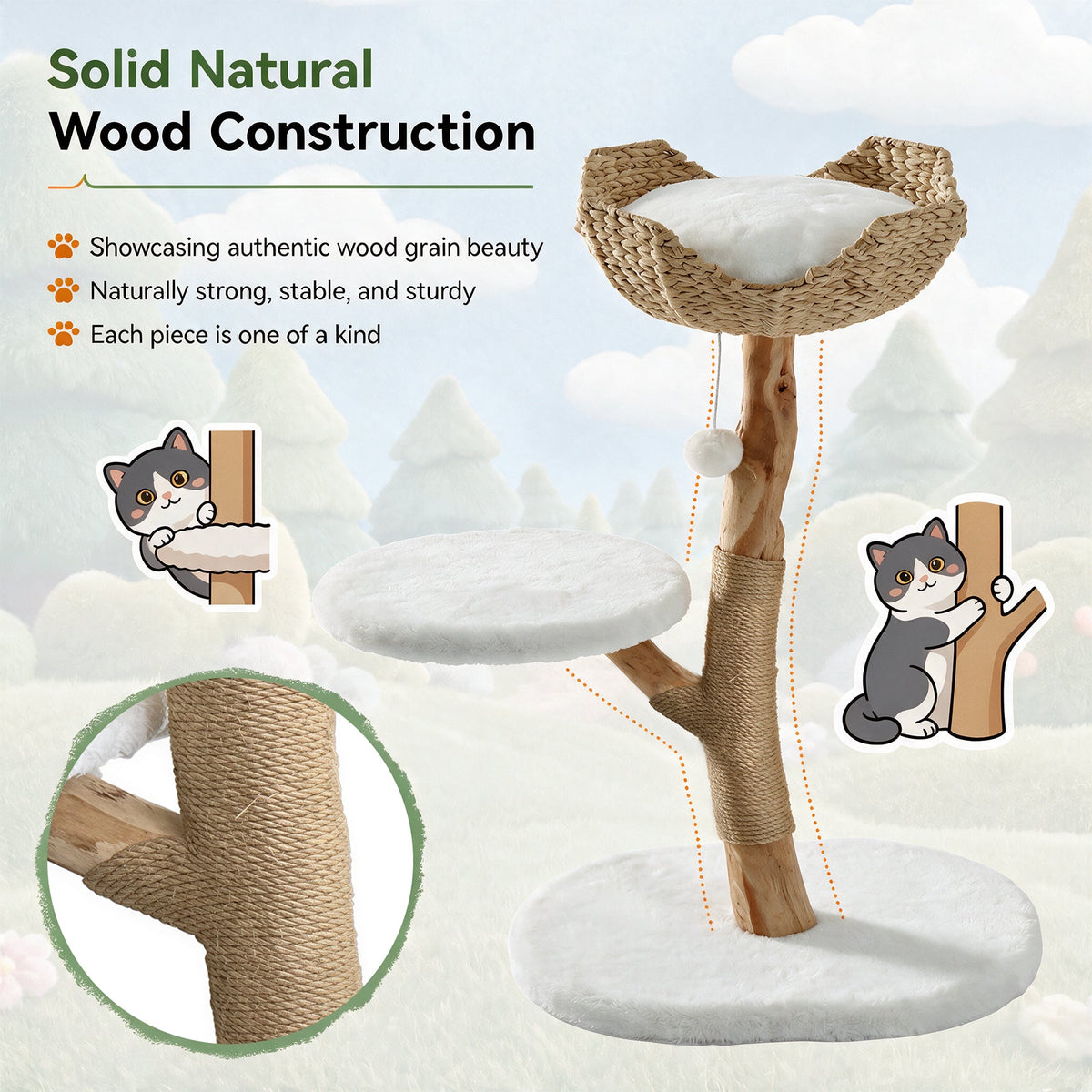 35-inch tall cat tree with natural wood, wicker basket bed, and sisal-wrapped branches