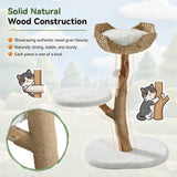 35-inch tall cat tree with natural wood, wicker basket bed, and sisal-wrapped branches