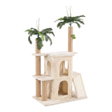 61" tall beige cat tree tower with palm tree toppers and multiple perches