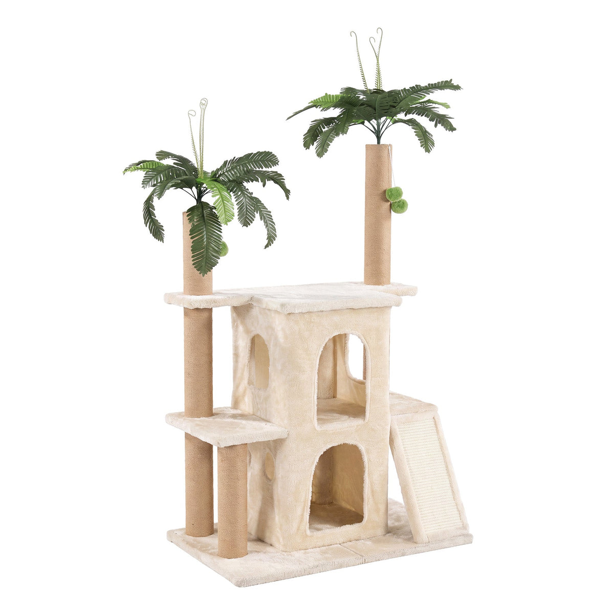 61" tall beige cat tree tower with palm tree toppers and multiple platforms