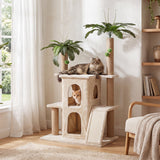 Beige 61" tropical palm cat tree tower with cat on top perch and another inside, in a sunlit room with plants