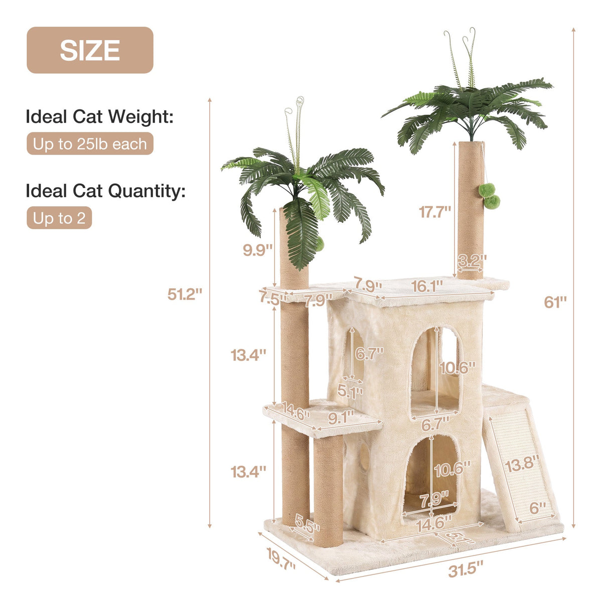 61" tall beige cat tree tower with palm tree toppers and platform dimensions shown