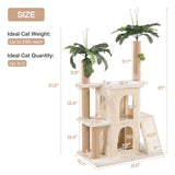61" tall beige cat tree tower with palm tree toppers and platform dimensions shown
