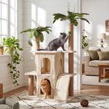 A beige 61" tropical palm cat tree tower with two cats, one gray on top and one orange below, in a sunlit room with plants