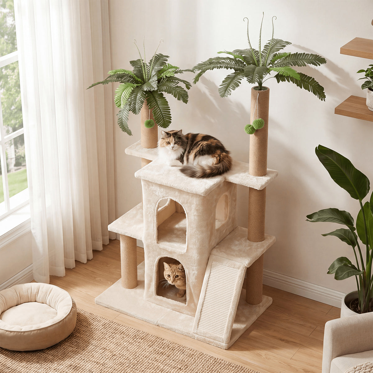 Beige 61" tropical palm cat tree tower with cat on top perch and another in lower level, in a sunlit room with plants