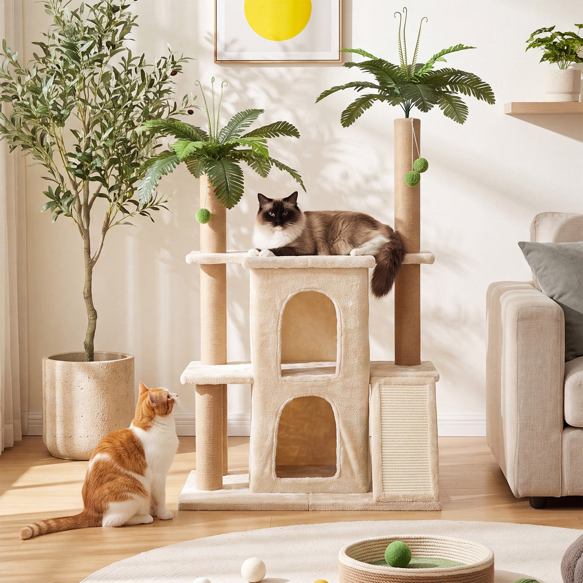 Beige 61" tropical palm cat tree tower with two cats in a sunlit living room