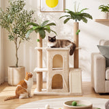 Beige 61" tropical palm cat tree tower with two cats in a sunlit living room
