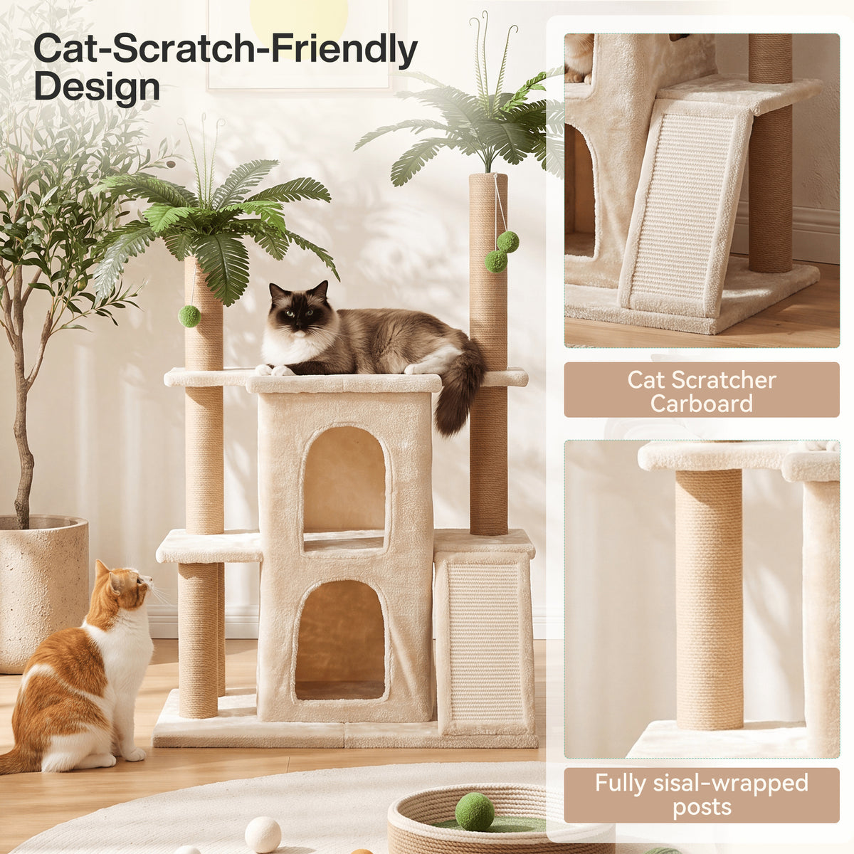 Beige cat tree tower with tropical palm design, featuring sisal posts and platforms, shown in a room with two cats