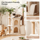 Beige cat tree tower with tropical palm design, featuring sisal posts and platforms, shown in a room with two cats