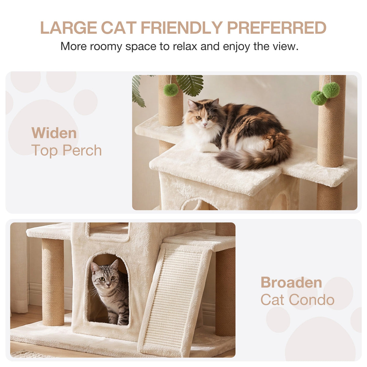 Calico cat resting on wide beige platform of 61" cat tree tower with sisal posts and green pom-poms