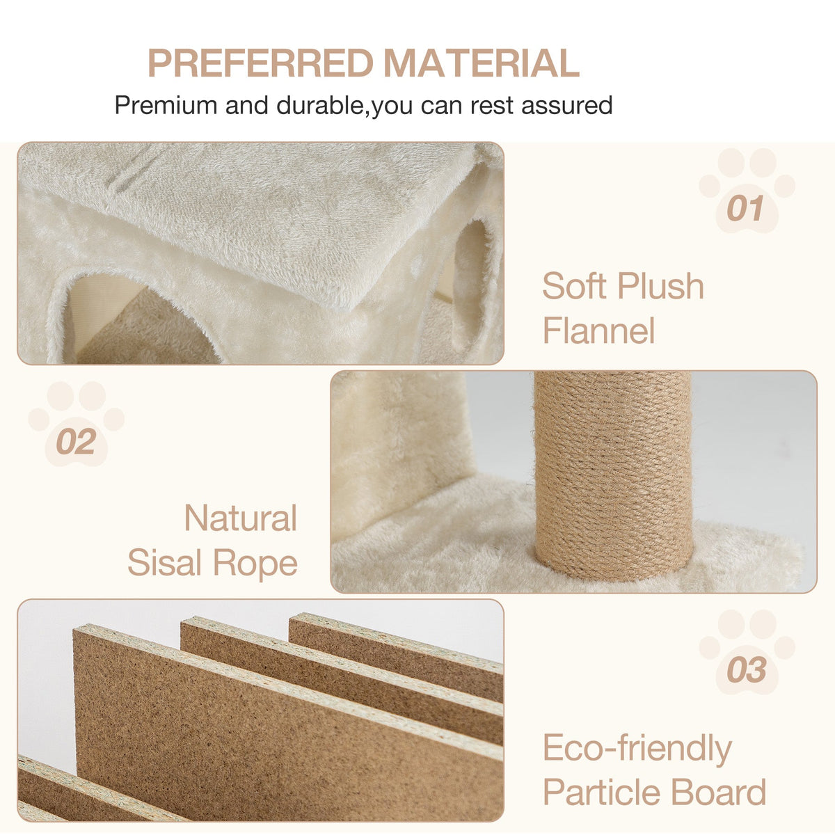 Close-up of cat tree tower showing soft plush flannel fabric, natural sisal rope scratching post, and eco-friendly particle board construction