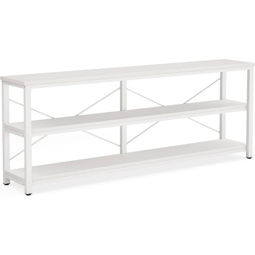 White 3-tier sofa console table with metal frame, shown from side angle