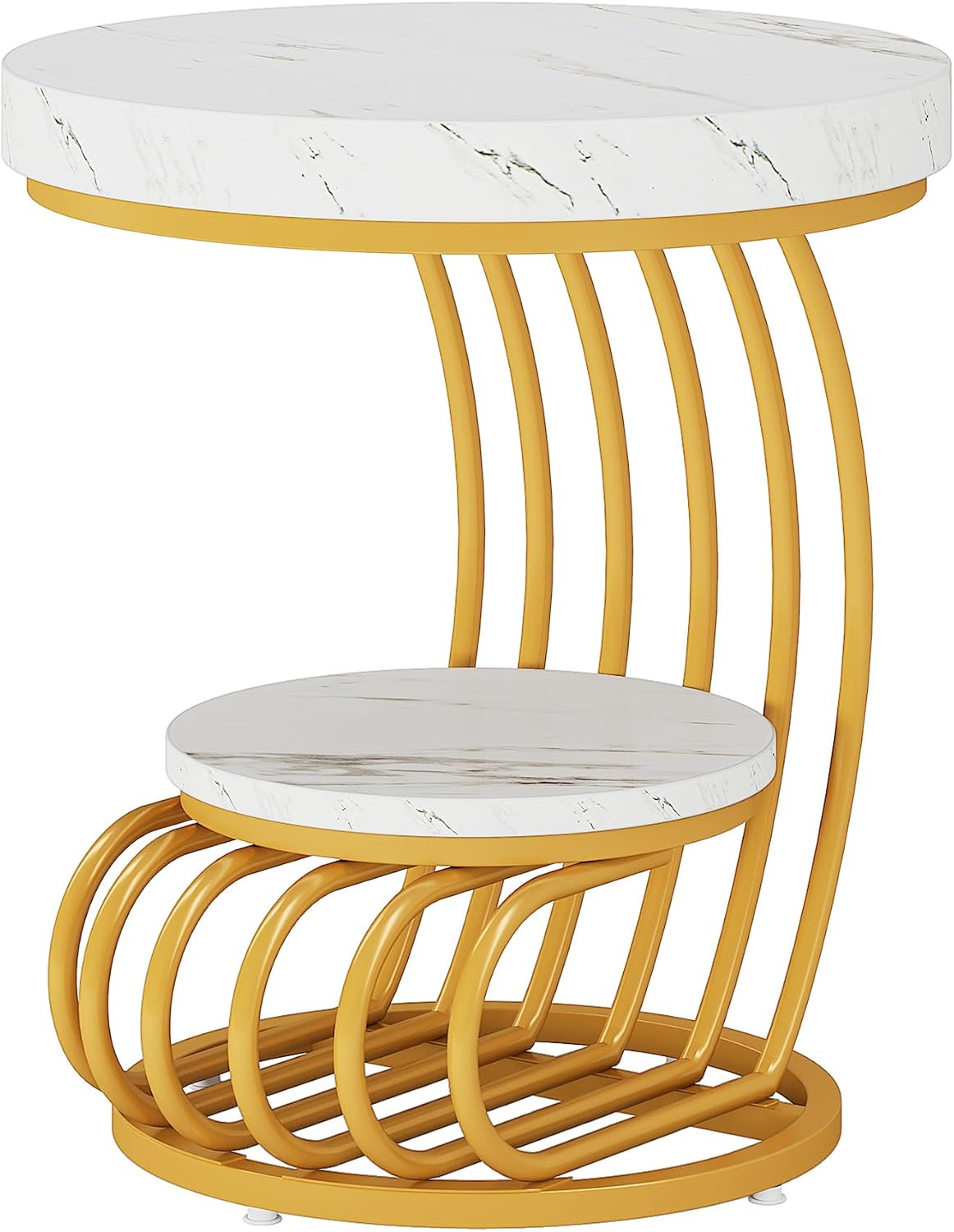 Round Side Table, 2-Tier Faux Marble End Table with Storage Shelf