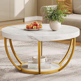 Wooden Coffee Table, 2-Tier Round Central Cocktail Table with Shelves