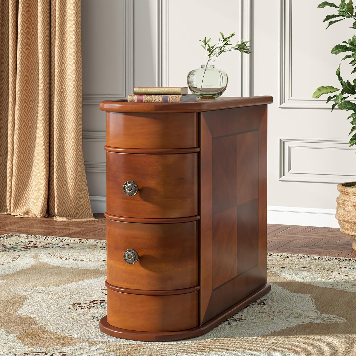 Wood Tall End Table, Narrow Side Table Nightstand with Drawers