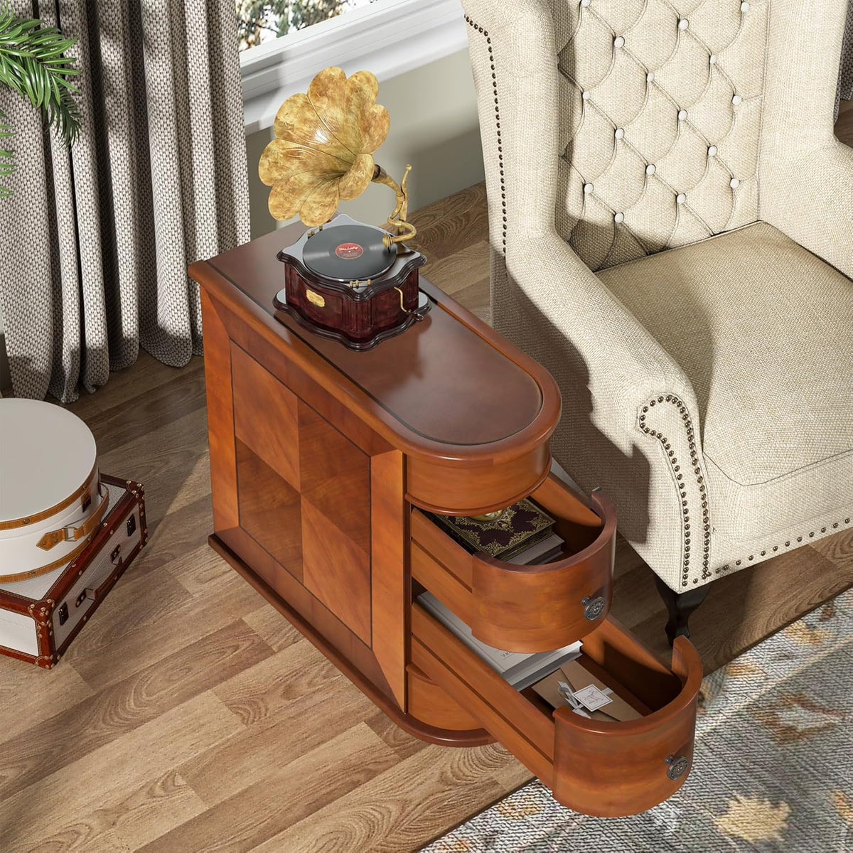 Wood Tall End Table, Narrow Side Table Nightstand with Drawers