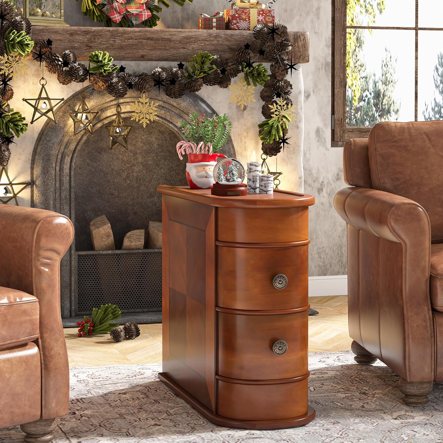 Wood Tall End Table, Narrow Side Table Nightstand with Drawers