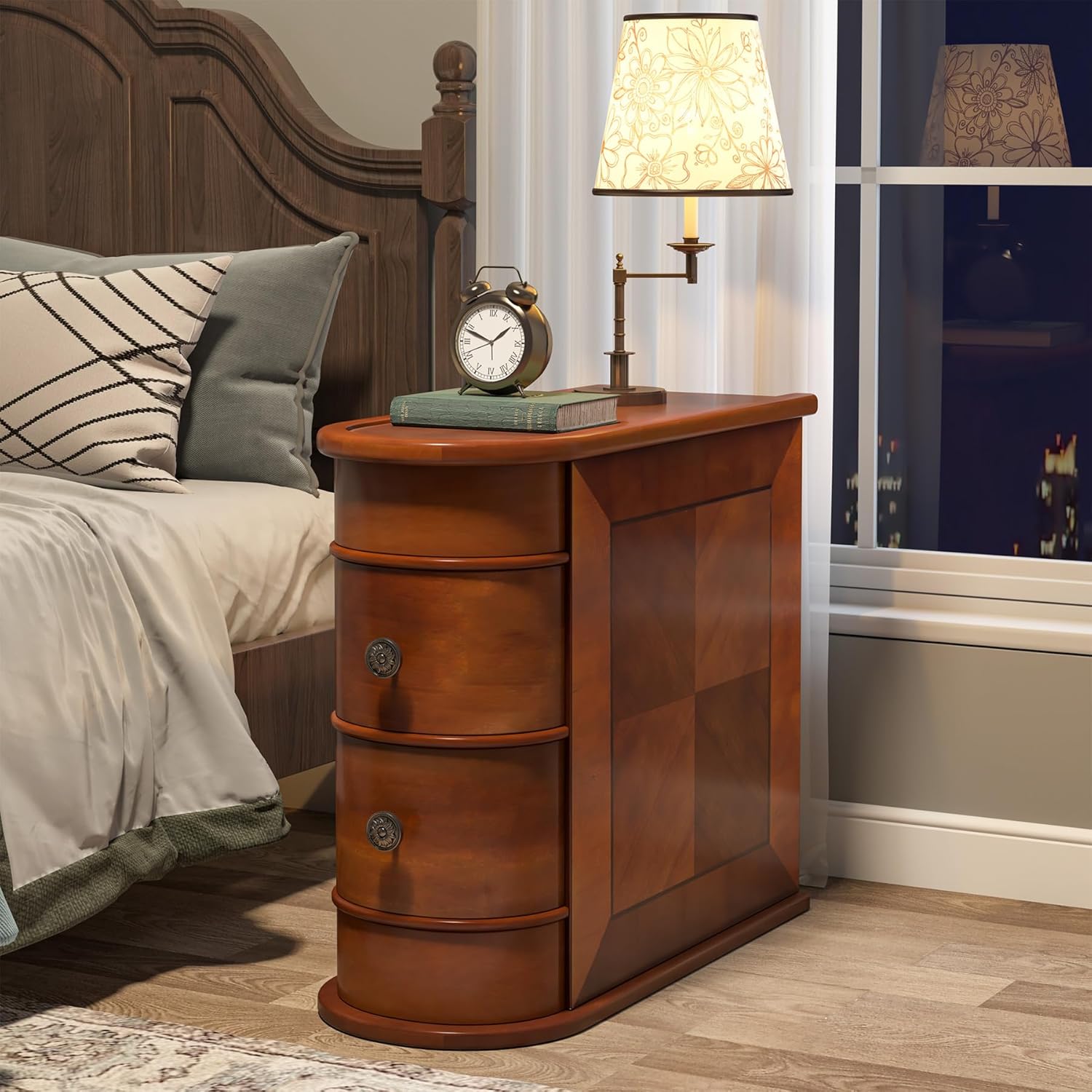 Wood Tall End Table, Narrow Side Table Nightstand with Drawers