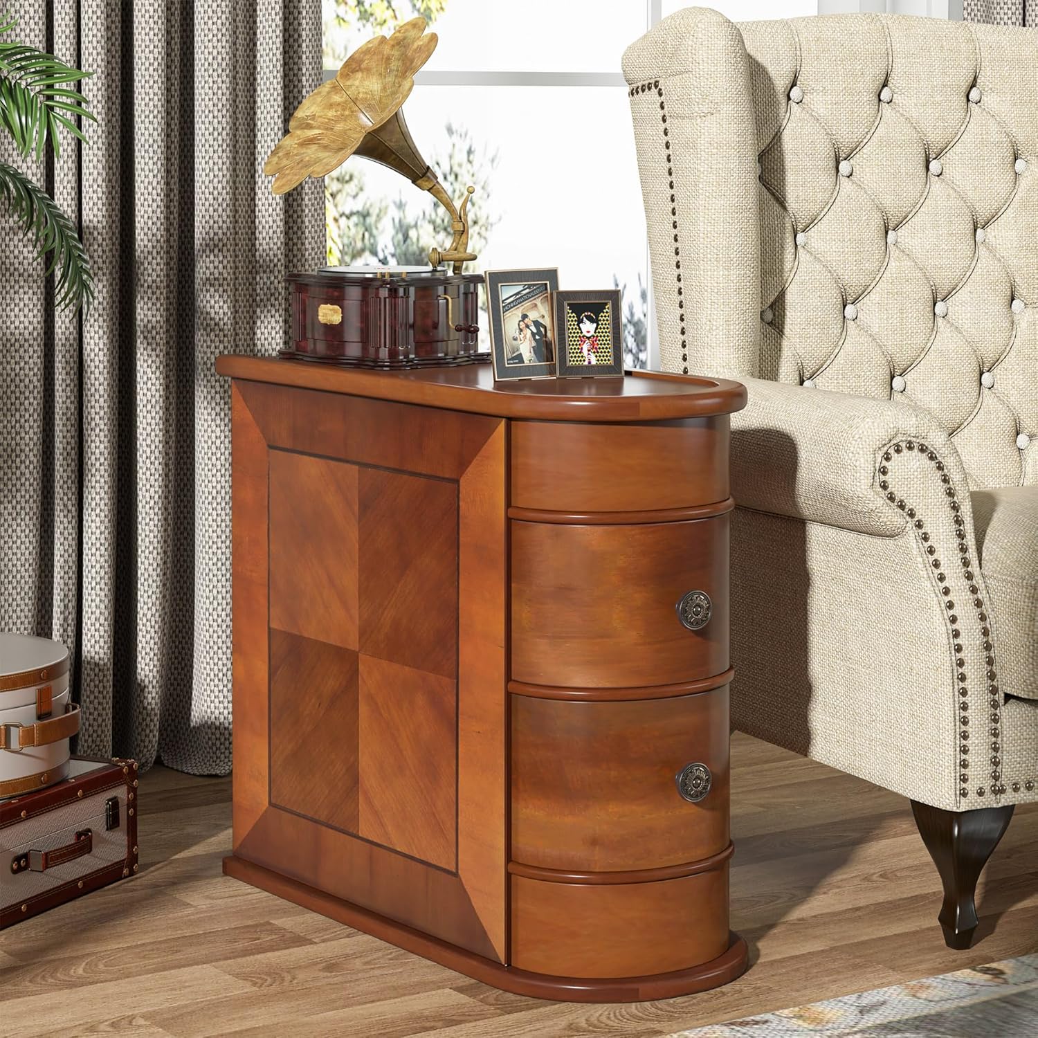 Wood Tall End Table, Narrow Side Table Nightstand with Drawers