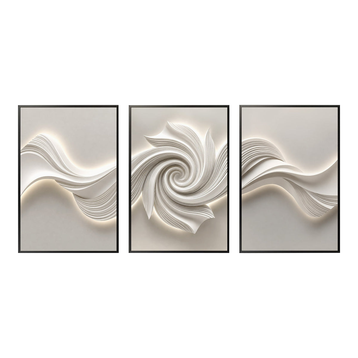 Three black-framed abstract canvas artworks with white 3D textured swirls and wave patterns