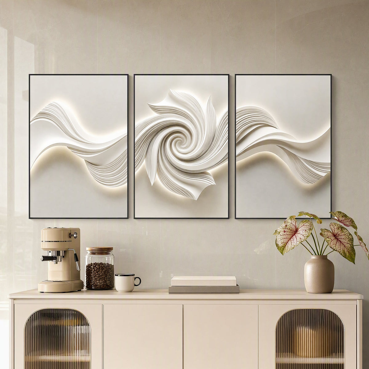 Three large black-framed abstract canvas artworks with 3D textured swirls, mounted above a beige console in a modern room
