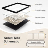 Large black framed abstract wall art with 3D crystal coating, 35.43in x 23.62in, shown with sofa size schematic
