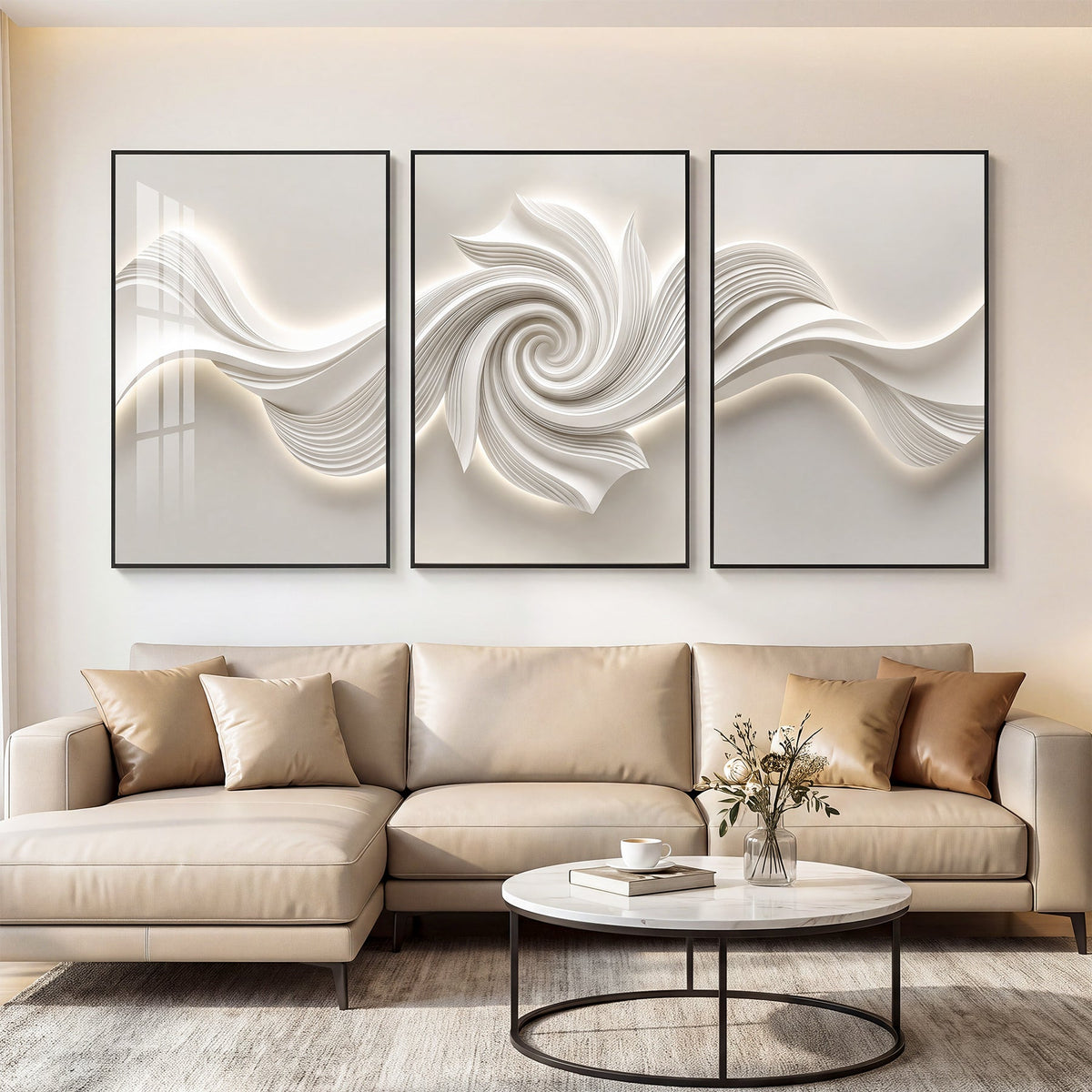 Three large black-framed abstract canvas artworks with 3D textured swirls, mounted above a beige sofa in a living room