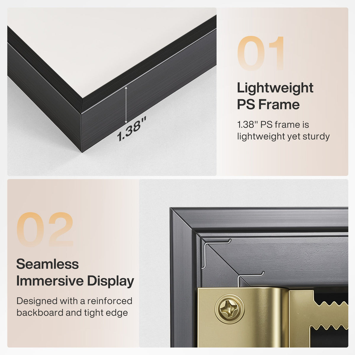 Close-up of black 1.38" PS frame corner with reinforced edge and gold screw detail