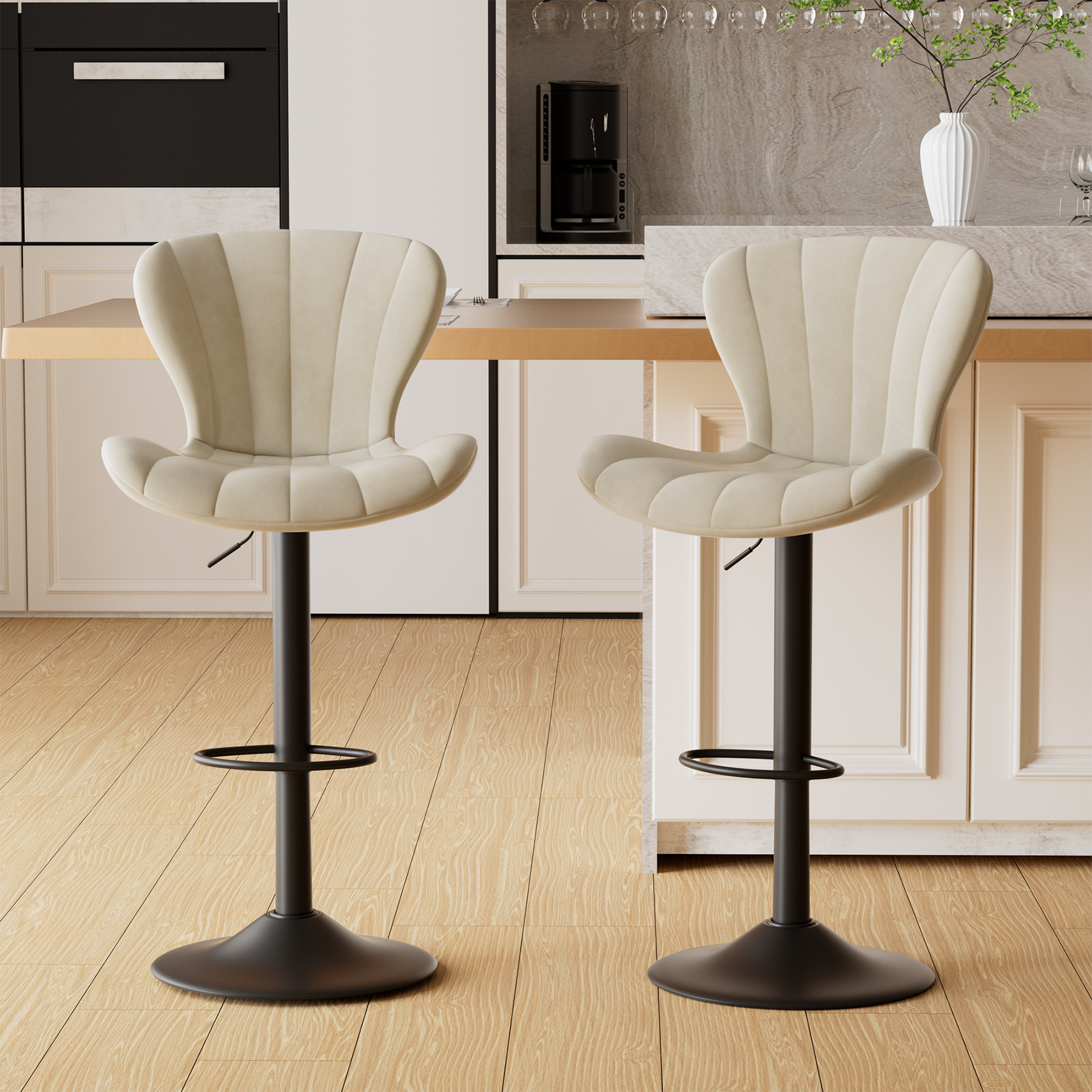 Modern Swivel Steady Bar Stools with Adjustable Fabric Seat and Footrest for Home Bar Counter Height (Set of 2)