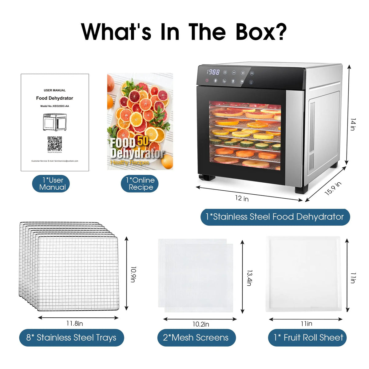 Food Dehydrator Machine 8 Tray Stainless Steel - Large Capacity Dehydrators for Food and Jerky, 600W Fruit Dehydrator