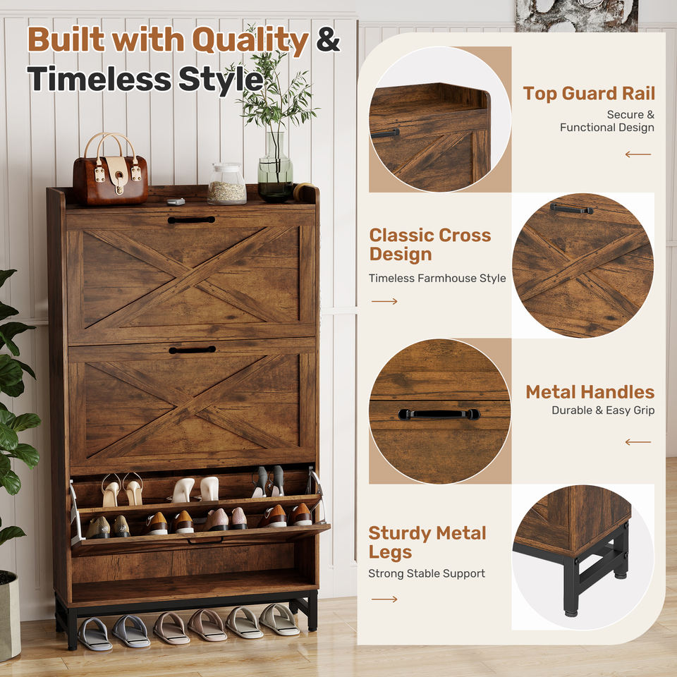 Space-Saving Durable Modular Eco-Friendly Barn Door Style Flip-Top Modern Wooden Living Room Shoe Cabinet Dustproof Dining Home