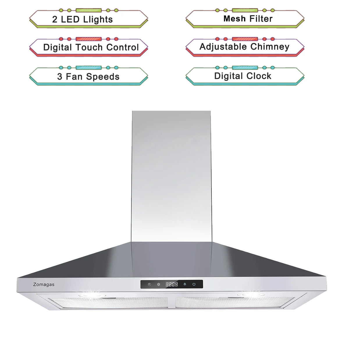 30 Inch Wall Mount Range Hood 450CFM Touch Control LED Stainless Steel Filter 3 Speed Fan 2 LED Lights Adjustable Chimney