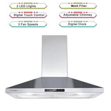 30 Inch Wall Mount Range Hood 450CFM Touch Control LED Stainless Steel Filter 3 Speed Fan 2 LED Lights Adjustable Chimney
