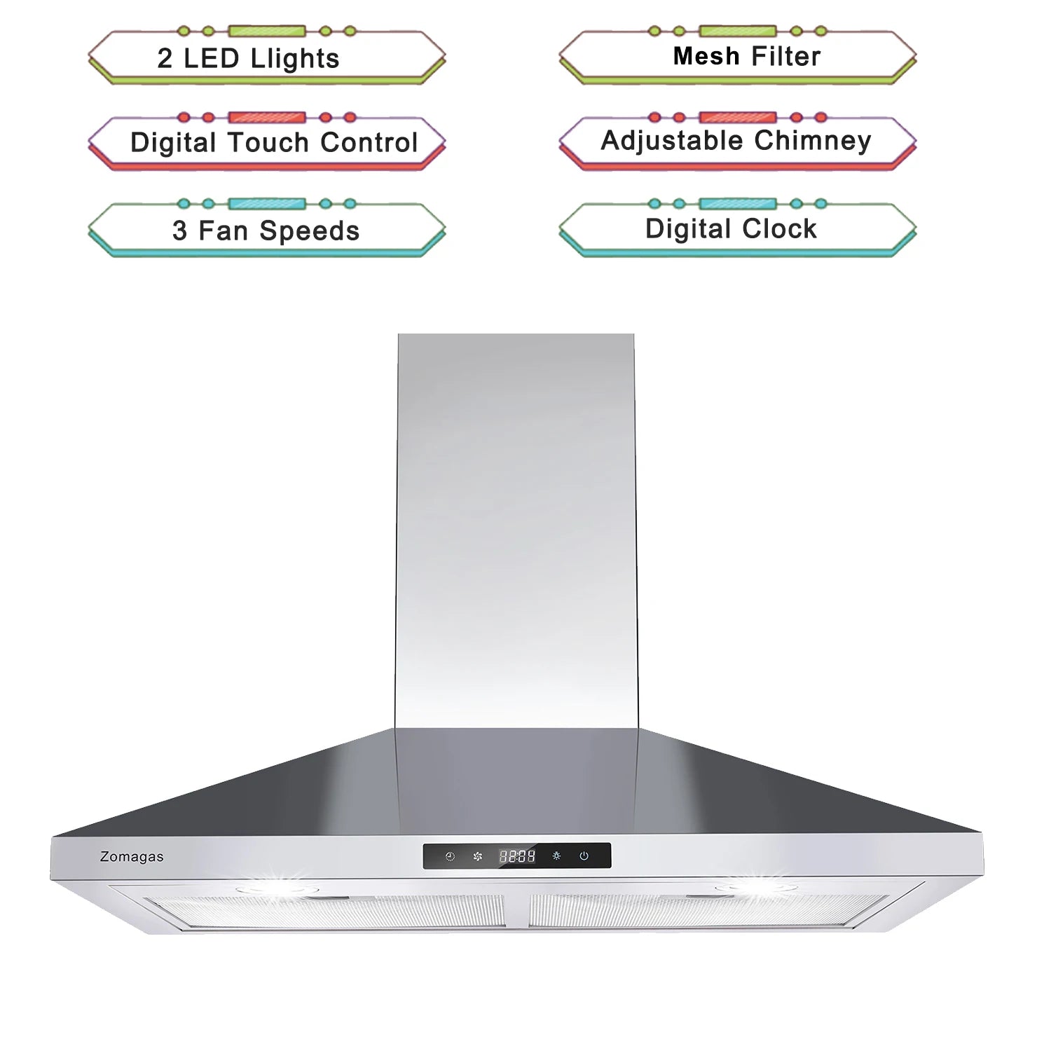 30 Inch Wall Mount Range Hood 450CFM Touch Control LED Stainless Steel Filter 3 Speed Fan 2 LED Lights Adjustable Chimney