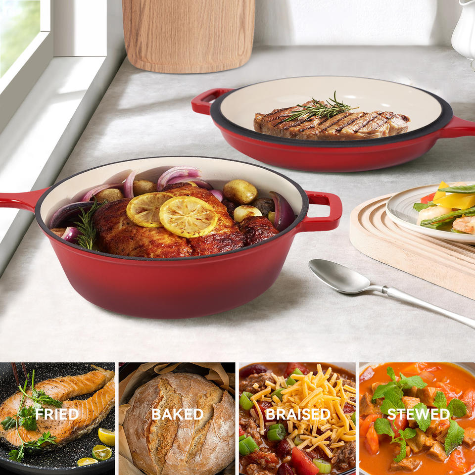 Ceramic Enameled 2-in-1 Dutch Oven Skillet Set 3QT + 1.5QT Non-Stick Dishwasher Safe Casserole Cookware Stainless Steel Bottom