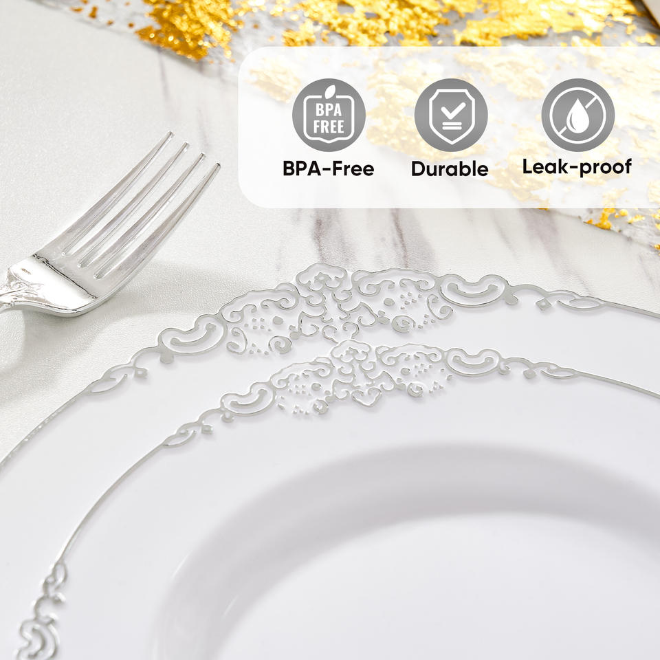 350PCS Disposable PET Dinnerware Set Tableware Kit Plates Cups Cutlery Napkins Gold Rim Freezer Safe BPA-Free Eco-Friendly