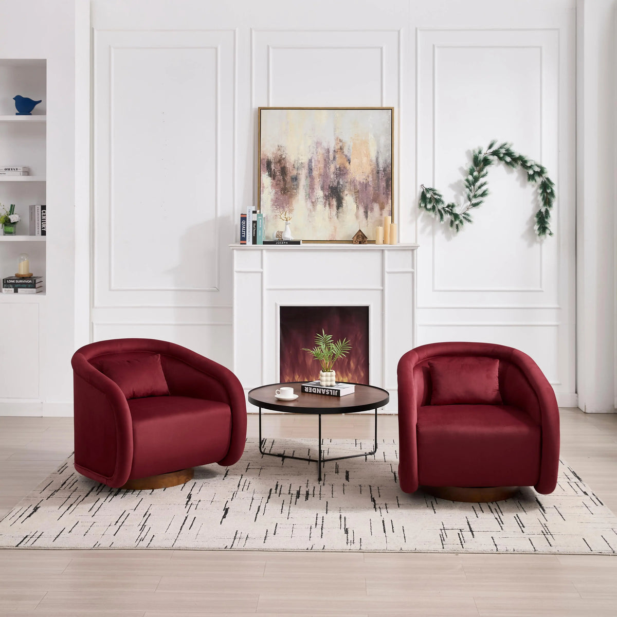 In Stock at Overseas Warehouse: 1pc/Box Luxury Boucle Fabric Swivel Accent Chairs for Living Room Furniture (white/wine Red)
