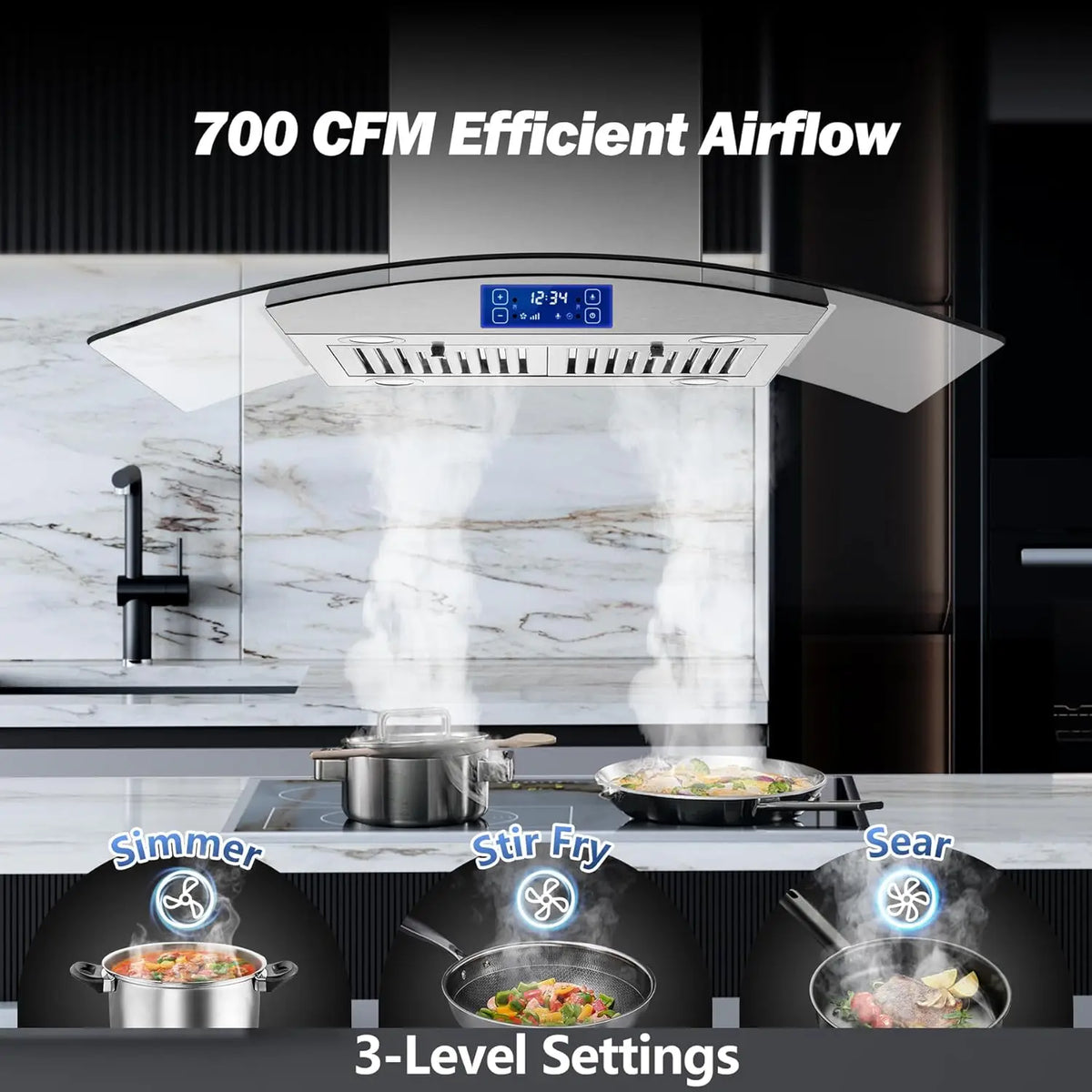 Island Range Hood 36 Inch 700 CFM Ceiling Mount Kitchen Stove Hood Ducted with Tempered Glass 4 LED Lights Gesture/Touch Control