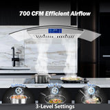 Island Range Hood 36 Inch 700 CFM Ceiling Mount Kitchen Stove Hood Ducted with Tempered Glass 4 LED Lights Gesture/Touch Control