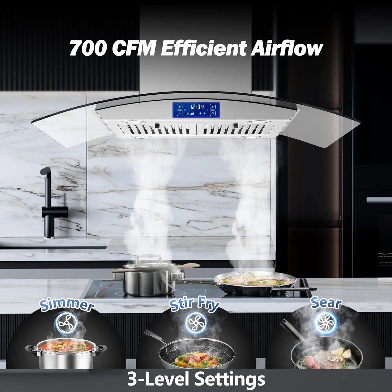Island Range Hood 36 Inch 700 CFM Ceiling Mount Kitchen Stove Hood Ducted with Tempered Glass 4 LED Lights Ges - view 2