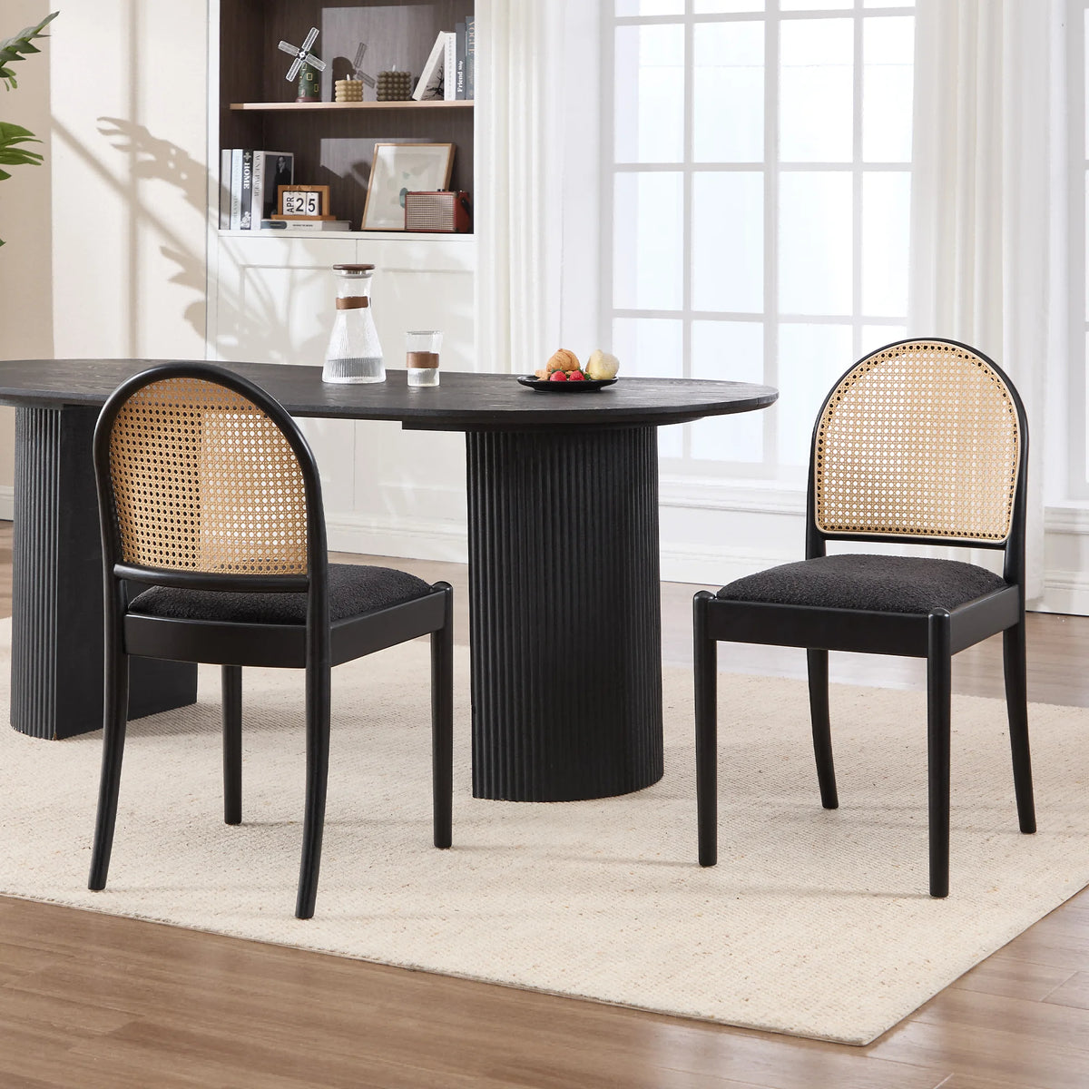 Modern Upholstered Chenille Seat Ergonomic Backrest with Wood Legs Rattan Dining Chairs Set of 2 for Kitchen Restaurant Home