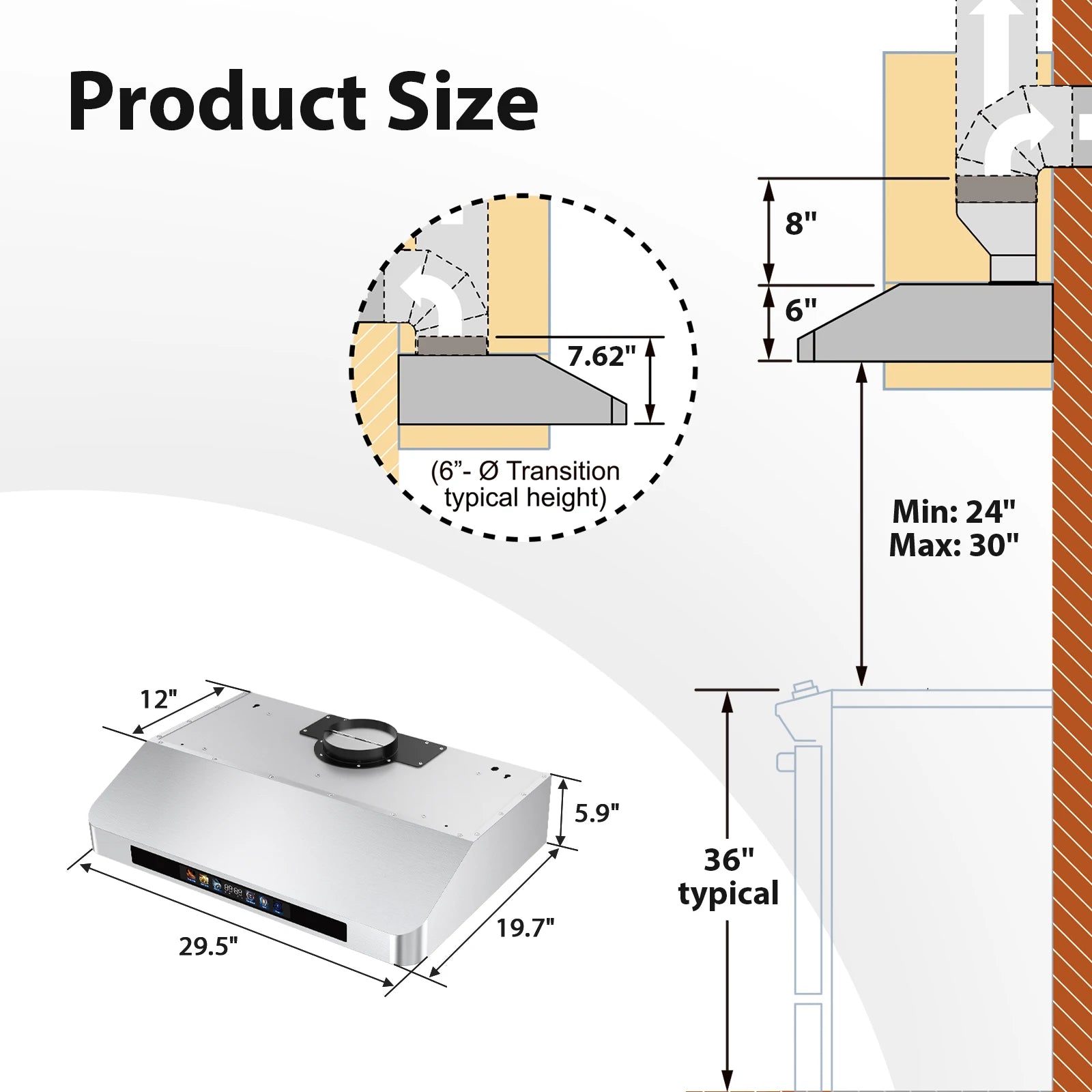 Tieasy Under Cabinet Range Hood 30 Inch, 900 CFM  Voice/Gesture/Remote/Touch Control, Memory Function - view 4