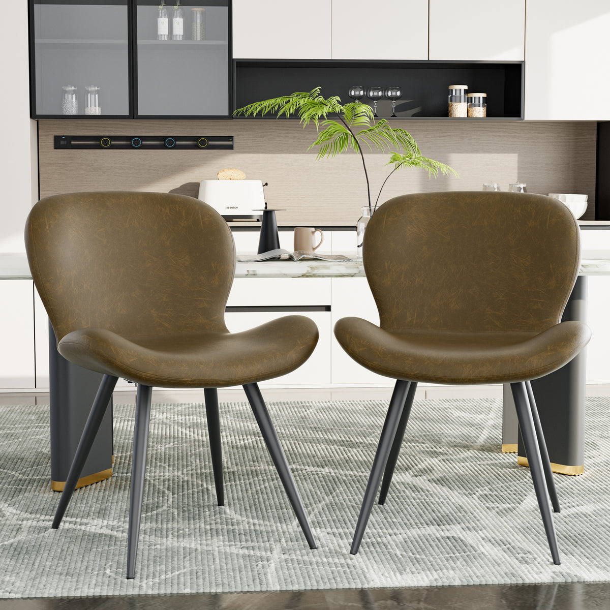 Ergonomic Curved Back Midcentury Modern Dining Chair Widened Seat PU Leather Sturdy Metal Base Comfort Restaurant Furniture (Set of 2)