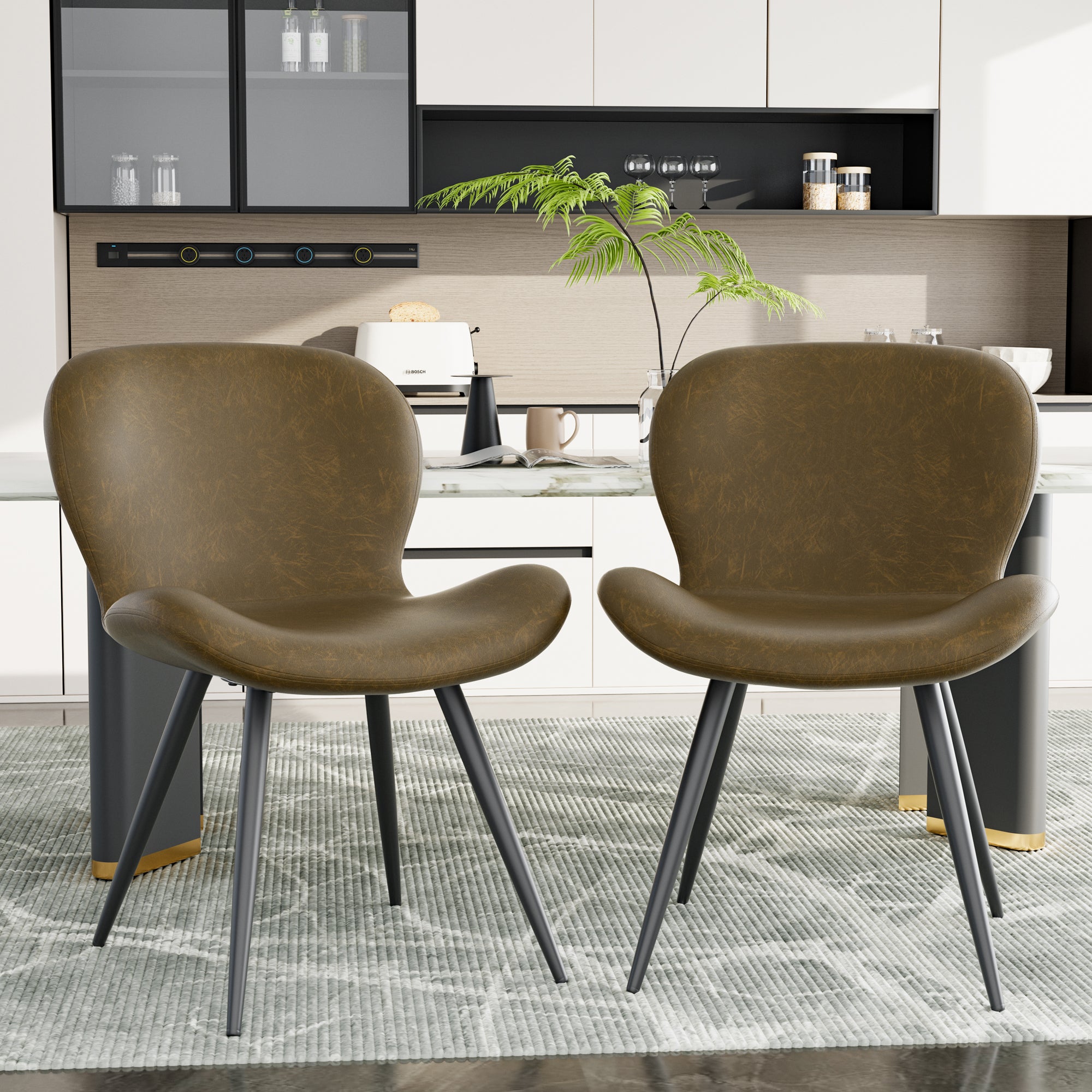Ergonomic Curved Back Midcentury Modern Dining Chair Widened Seat PU Leather Sturdy Metal Base Comfort Restaurant Furniture (Set of 2)