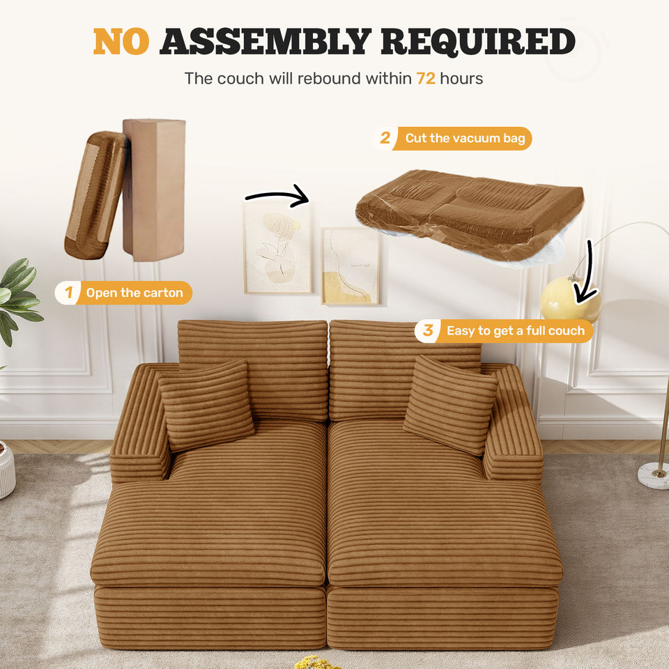 Corduroy Square 2-Seater Chaise Sofa Sponge Deep Seats Pillows Vacuum Packed Oversized Loveseat for Large Spaces Hospital Mall