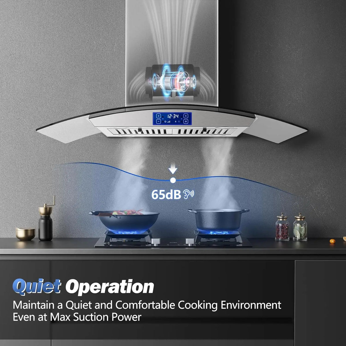 Island Range Hood 36 Inch 700 CFM Ceiling Mount Kitchen Stove Hood Ducted with Tempered Glass 4 LED Lights Gesture/Touch Control