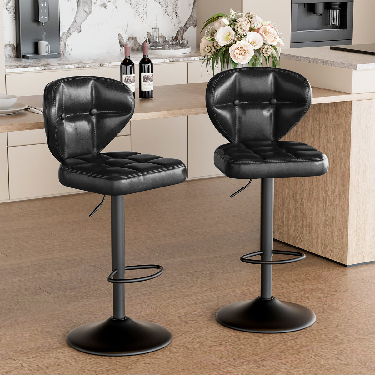 Steady Iron PU Leather Adjustable Hydraulic Eco-Friendly Water Resistant Bar Chair Modern Design Swivel Counter Height Kitchen (Set of 2)
