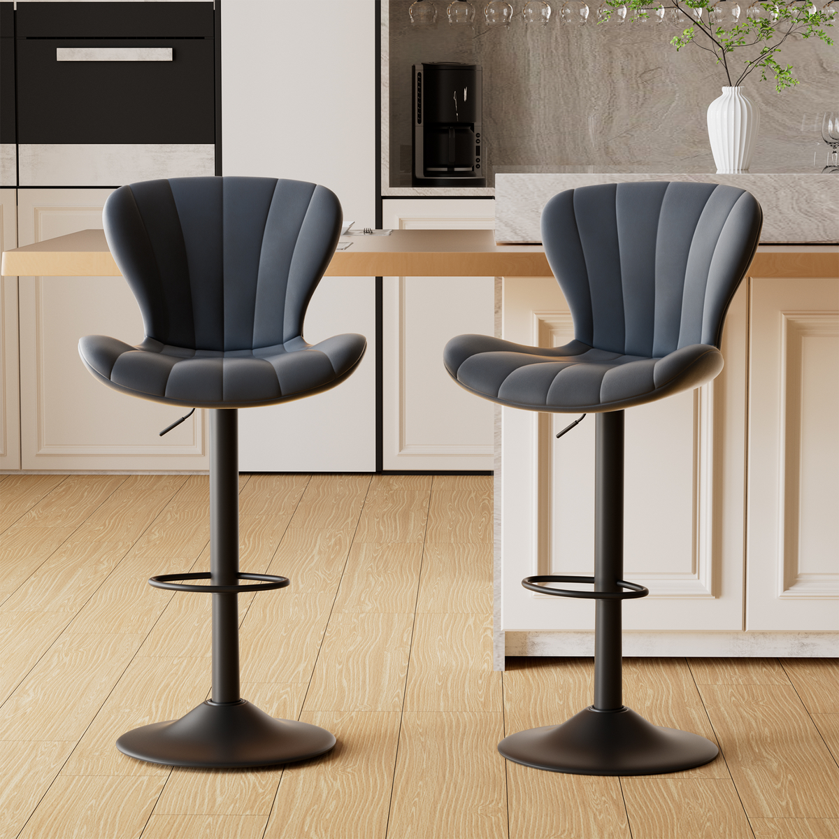 Modern Swivel Steady Bar Stools with Adjustable Fabric Seat and Footrest for Home Bar Counter Height (Set of 2)